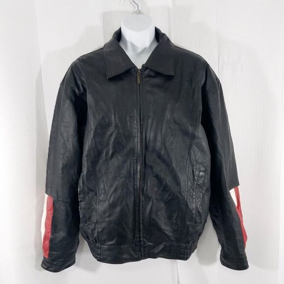 VINTAGE OSCAR PIEL! HOT BLACK GENUINE LEATHER, AMERICA BIKER/MOTO JACKET! SZ L - Picture 5 of 11